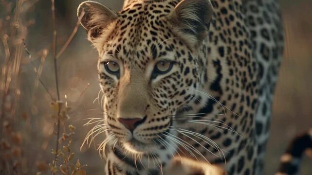 Close-up of leopard in golden hour light with intense gauze and natural background