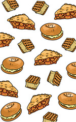 a pattern of different kinds of food  pineapple pie  cream donut  cream Waffles. Sweet Food doodle pattern