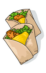 two burritos with chicken and lettuce. Wrapping Turkish Kebab