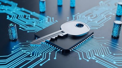Physical metal key on top of a black computer processor chip. Hardware level encryption and data safety. Security key securing a motherboard with glowing blue circuit paths and traces.