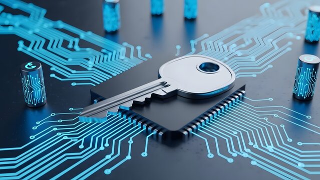 Physical metal key on top of a black computer processor chip. Hardware level encryption and data safety. Security key securing a motherboard with glowing blue circuit paths and traces.