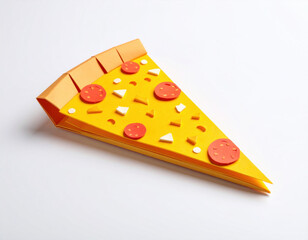 Creative papercraft origami pizza slice with yellow cheese plus red pepperoni topping looks playful on white background. Delicious handmade fast food art concept shows tasty snack time fun