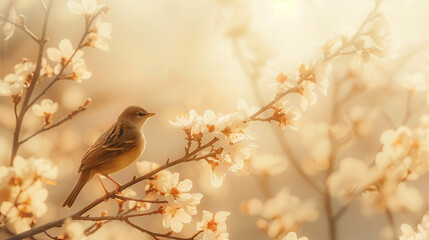 A small bird perched on a blossoming branch