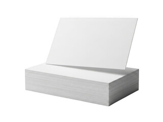Stack of white blank business cards with one card angled on top paper isolated on a transparent background