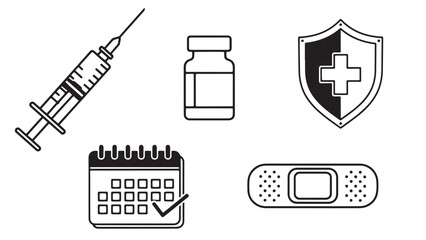 Professional medical vaccination and health insurance kit featuring syringe vial protection shield and appointment calendar for clinical pharmaceutical business management.