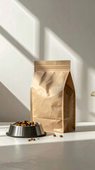 Brown paper bag holding dry pet food sits beside stainless steel bowl white surface with harsh sunlight shadows. Minimalist packaging mockup implies healthy nutrition meal for hungry dog or cat