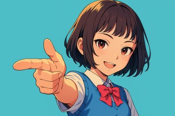 青い背景に指を指す笑顔の女子学生のアニメイラスト