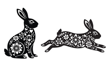 Black folk rabbits illustration in Scandinavian style. Decorative floral hares with white ornaments, nordic folk art silhouettes for spring and Easter design, hygge nature animals.