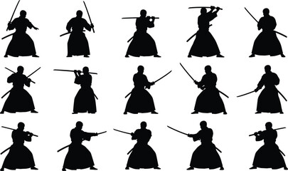 Obraz premium Large collection of black silhouettes featuring various samurai warriors and kendo fighters in action poses with katanas for martial arts and historical Japanese culture concepts