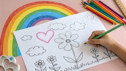 Cute Kid's Scribble Line Flower, Heart, Rainbow Background Drawing