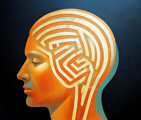 Brain silhouette filled with maze pathways symbolizing thinking process