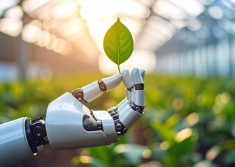 Robotic hand with green leaf symbolizing harmony of technology and nature