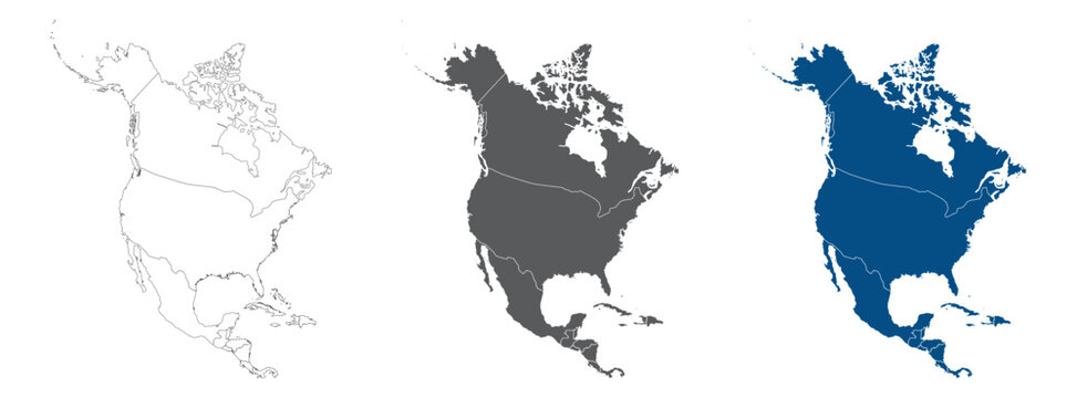 North and Central America Line Map Set with White Blue and Grey Color Variations. Map of Central and North America plain map.