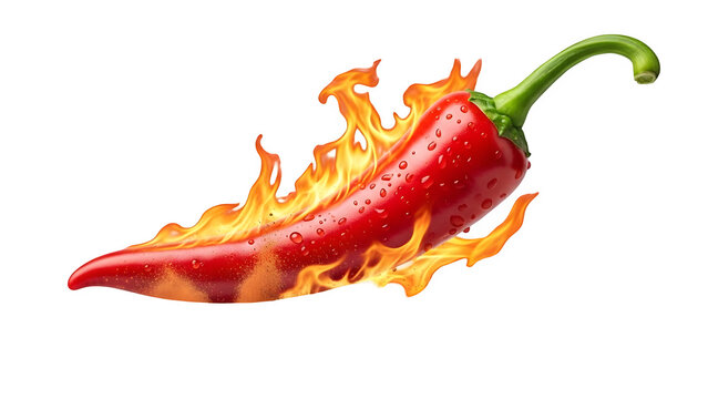 Vibrant Red Chili Pepper with Fiery Flames on White Background