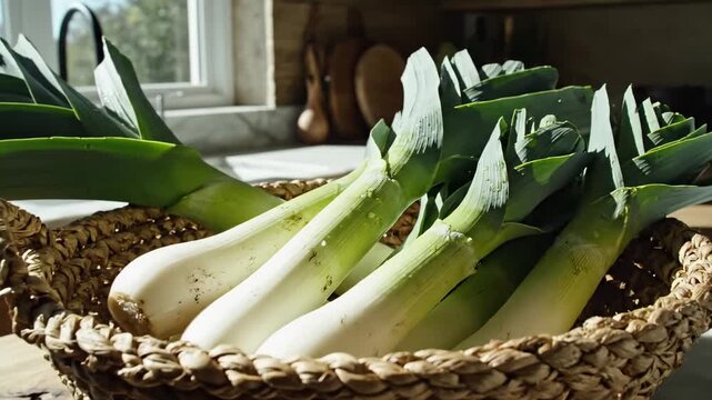 Freshly Harvested Leeks Displayed In Woven Basket On Kitchen Counter For Culinary Use