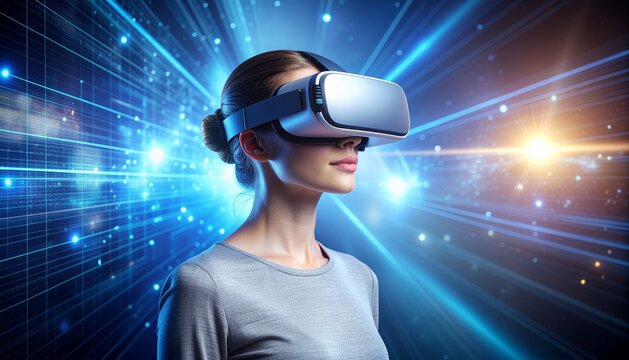 Future of AI Woman Using VR Headset in Metaverse Technology - Powered by Adobe