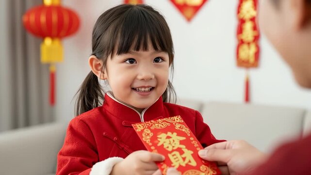 Asian girl in red traditional outfit receiving lucky money red envelope