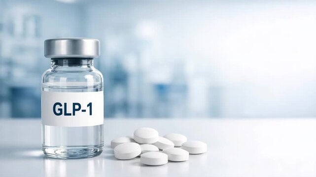 Glass vial containing medication labeled GLP-1 sits on a clean surface beside white tablets, showcasing a clear view of the pharmaceutical product and its packaging details