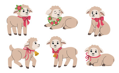Fototapeta premium Cute Easter lambs set. Vector collection of spring sheep with bows and flowers.