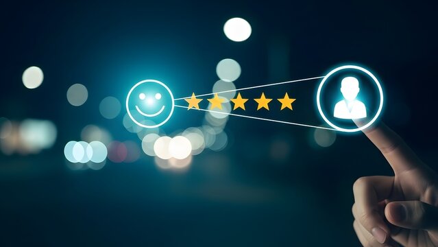 Digital user rating and customer profile evaluation. Networking and online reputation systems. Finger touching glowing five star rating connected to human avatar icon