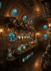 Fototapeta premium Steampunk Submarine Laboratory, glowing liquids and portholes, an Illustration for the works of Jules Verne, intricate brass interior