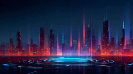 Futuristic city skyline with glowing circular patterns and vibrant neon lights, showcasing a dynamic urban landscape with illuminated skyscrapers and digital elements - Powered by Adobe