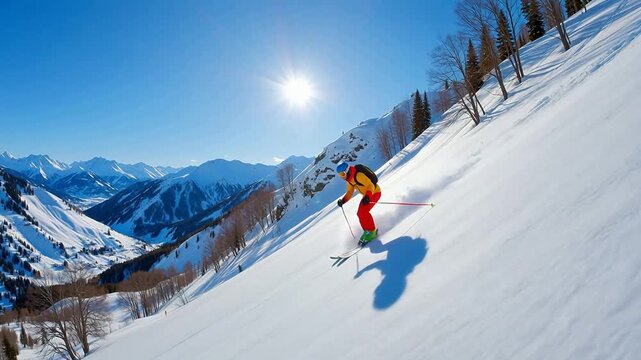 Skier descending snowy mountain slope