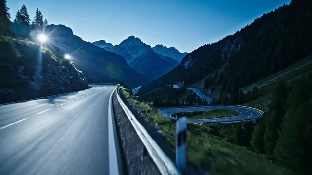 Scenic mountain road in the Alps with bright sun flare travel drive
