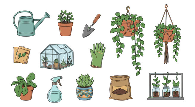 Doodle illustration of home gardening essentials, featuring a watering can, trowel, gloves, diverse potted plants, succulents, and a small greenhouse, perfect for cultivating green projects.