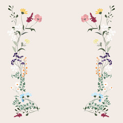 Elegant floral frame with hand drawn wildflowers, leaves and herbs on beige background, botanical illustration border for wedding, invitation, poster and stationery design