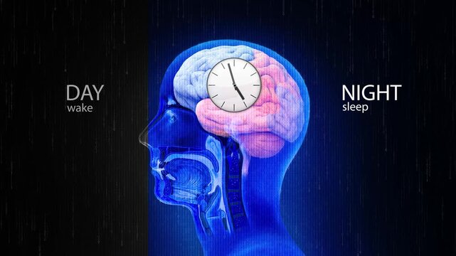 3D illustration of human brain with clock showing circadian rhythm, day and night cycle, sleep and wake neuroscience concept