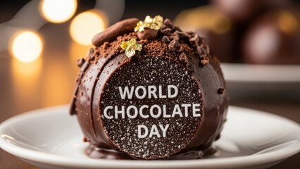 Chocolate truffle on plate with world chocolate day text on cut surface