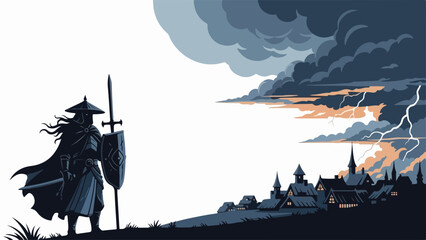 Lone warrior stands silhouetted on hill, watching village as storm approaches. Armored lone warrior holds spear, shield, dark clouds with lightning. Powerful lone warrior art for fantasy games, books.