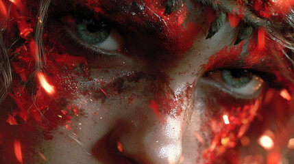 Close up a woman eyes look powerful and make up like a phoenix around the face , epic image.