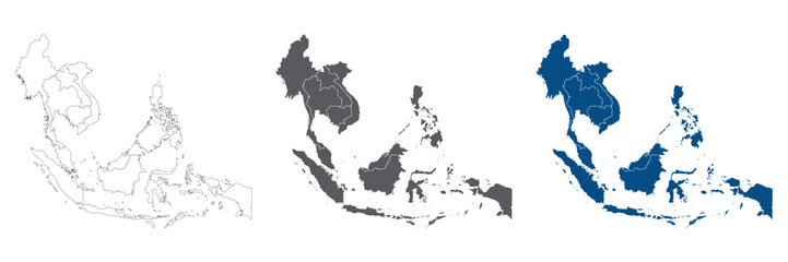 Southeast Asia Line Map Set with White Blue and Grey Color Variations. Map of Southeast Asia in plain set. © Supatra