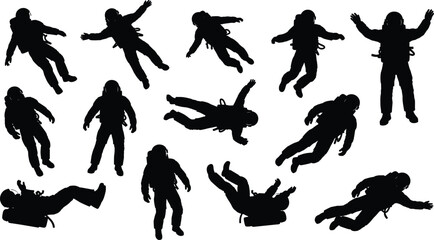 Silhouette collection of astronauts floating in various poses on white background, representing space exploration, galaxy travel, science fiction, cosmic discovery, universe, and future technology. © Aduri