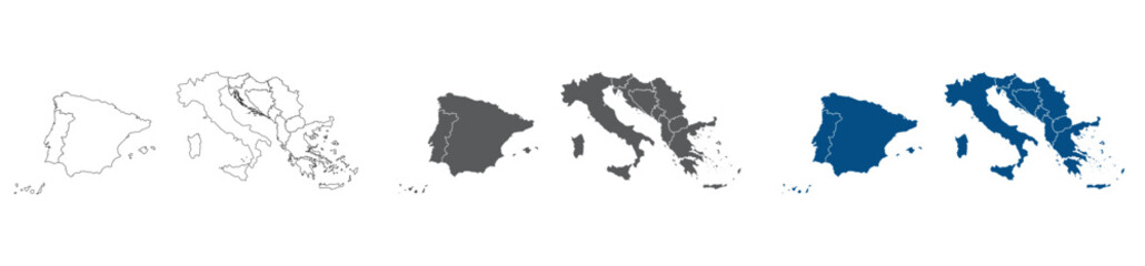 Obraz premium Southern Europe Line Map Set with White Blue and Grey Color Variations. Map of Southern Europe in plain set.
