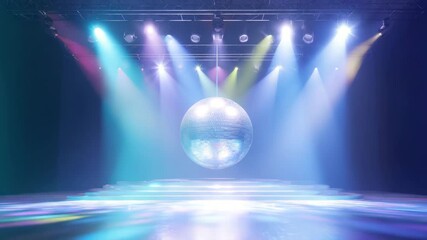 Colorful disco lights illuminate a spinning disco ball on a stage, creating vibrant reflections and dynamic patterns across the floor in a continuous visual flow