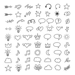 Set of Doodle Symbols: Facial Expressions, Music, Speech Bubbles, and a Black and White Crown