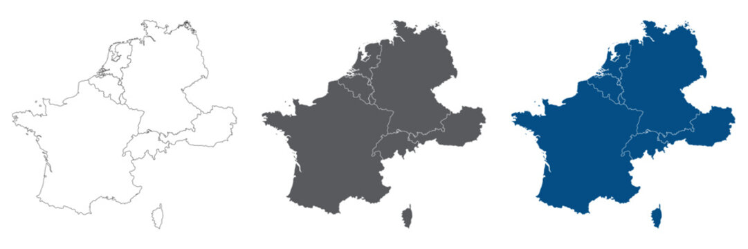 Western Europe Line Map Set with White Blue and Grey Color Variations. Map of Western Europe plain set.