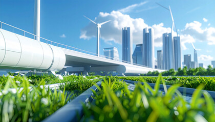 A Modern Oasis: An artistic rendering unveils a vibrant, futuristic city thriving in harmony with nature, showcasing innovative sustainable architecture and renewable energy sources.