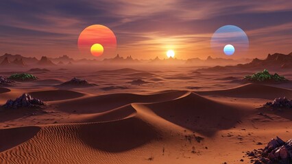 Surreal alien desert landscape with multiple suns setting over rolling dunes and distant mountains.