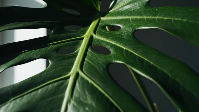 Gentle Sunlight Dancing on Monstera Leaf Close Up Revealing Natural Beauty And Growth