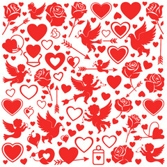 Red Valentine Pattern with Heart, Rose, and Cupid Silhouette