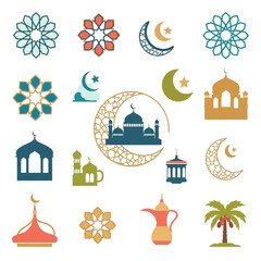 Colorful Islamic Icons with Mosque, Crescent Moon, Lantern, and Geometric Pattern
