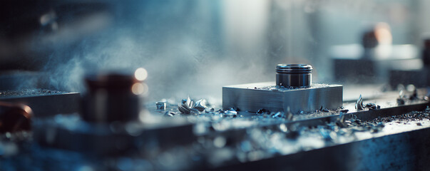 Machining lab showing polished tools and metal shavings on the workbench in focus during a busy production day