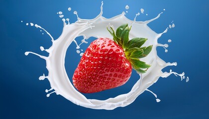 fresh strawberries suspended in a ring of milk splashes