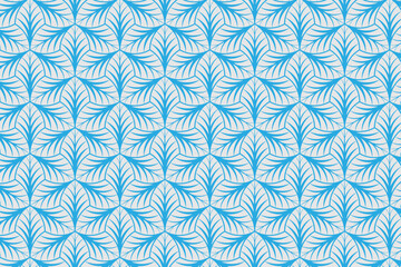 Fototapeta premium Seamless geometric pattern of overlapping blue leaf-like shapes arranged in a repeating scalloped lattice on a lighter blue background
