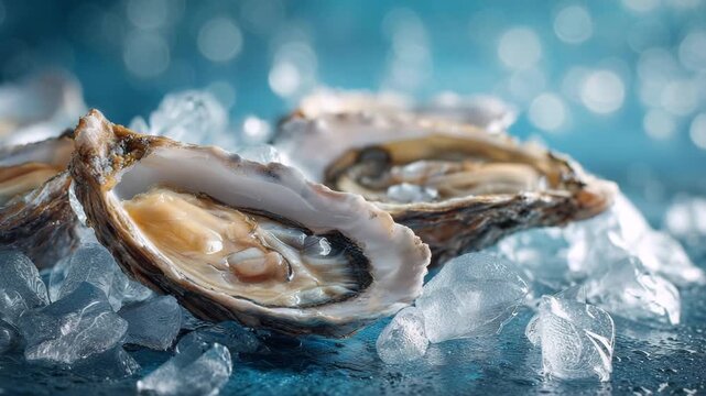 Fresh oysters on ice glisten under soft lighting, showcasing their smooth shells and succulent meat, emphasizing the freshness and appeal of seafood delicacies in a vibrant setting