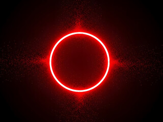 Bright red glowing circle with radiating particles on a dark abstract background